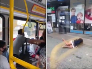 Mulher sem máscara cospe em passageiro e é arremessada de ônibus