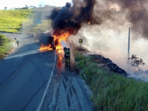 Carreta carregada de papel pega fogo após acidente na Bahia; combate a chamas durou quase 12h