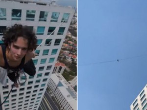 Influencer se equilibra em corda para atravessar prédios a 160 metros de altura no México