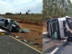 Ao tentar desviar carro de andarilho, motorista colide de frente com caminhão e duas pessoas morrem