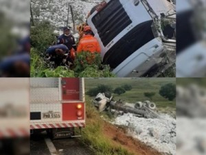 Carreta tomba e deixa motorista ferido preso às ferragens no interior do Ceará