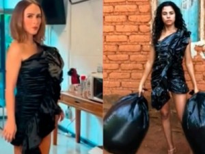 Blogueira reproduz looks de famosos com saco de lixo e viraliza na web