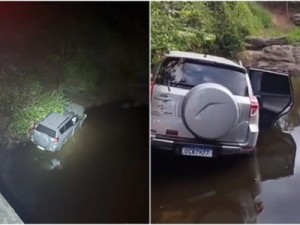 Capitão da PM perde o controle do carro, capota e cai de ponte de cerca de 10 metros no Ceará