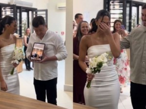 Noivo surge de surpresa no próprio casamento e vídeo do momento viraliza