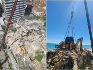 Com retroescavadeira no telhado, demolição do edifício São Pedro é suspensa por risco aos trabalhadores