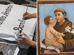 Artista plástica paga promessa pintando a bandeira de Santo Antônio