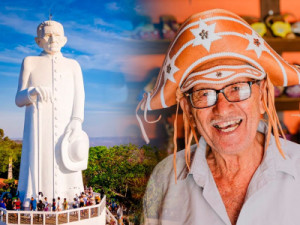 Projeção mapeada transforma estátua do Padre Cícero em homenagem inédita a Espedito Seleiro