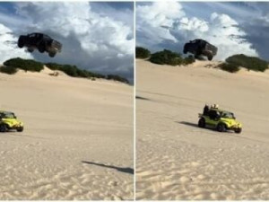 Carro ‘voa’ por cima de buggy e passageiros em duna de Canoa Quebrada, no Ceará