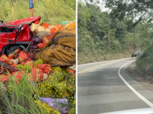 Caminhão carregado de frutas tomba na CE Caldas/Barbalha