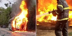 Ônibus pega fogo na Serra do Araripe na Região do Crato