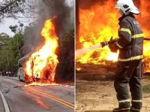 Ônibus pega fogo na Serra do Araripe na Região do Crato