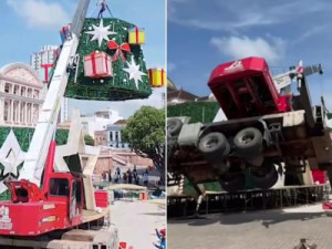 Árvore de natal mata trabalhador após guindaste tombar em Manaus