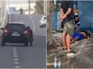 Assaltante arrastado por ruas preso a porta de carro usava arma falsa e se feriu após colisão