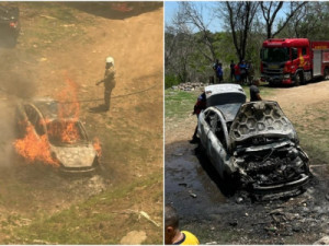 Carro pega fogo no estacionamento do Horto do Padre Cícero em Juazeiro do Norte