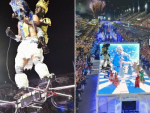 Homem ‘voa’ em drone gigante na comissão de frente da Portela