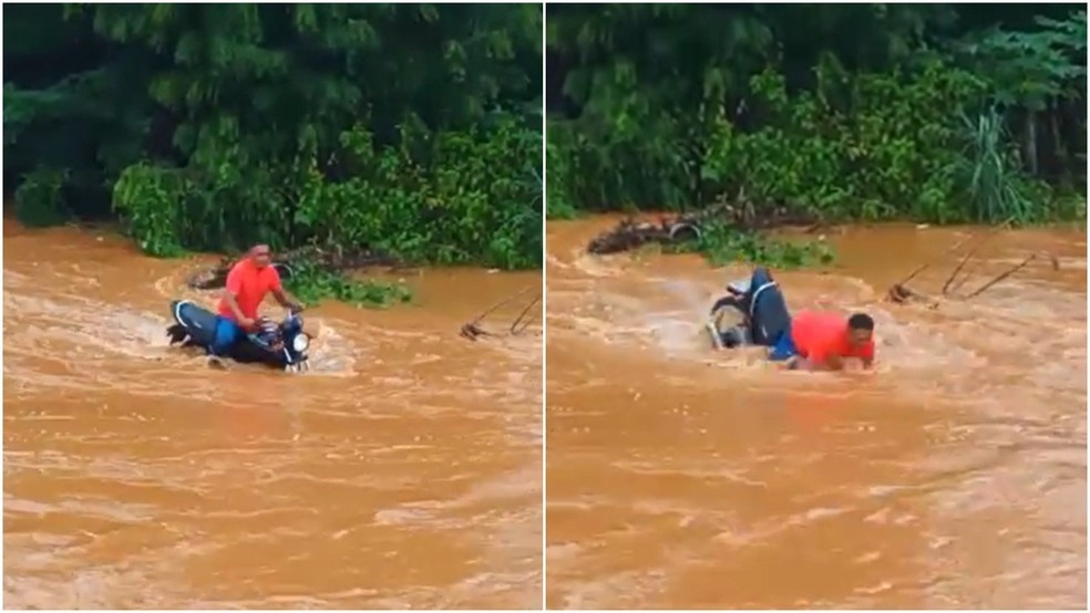Motociclista é arrastado por correnteza e fica submerso ao tentar atravessar rua alagada
