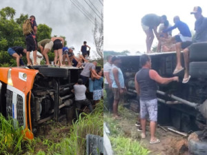 Ônibus de turismo tomba a caminho de Canoa Quebrada, e passageiros ficam feridos