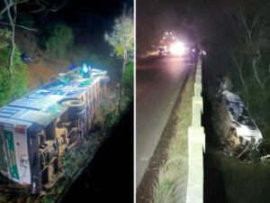 Ônibus com passageiros despenca de ponte no RS, deixando uma pessoa morta e sete feridas