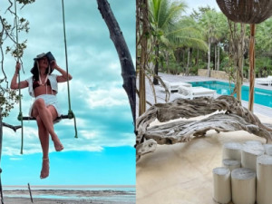 Atriz Isis Valverde posa de biquíni em balanço durante férias no Ceará