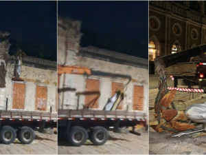 Estátua da Sagrada Família despenca de guincho e quebra durante reforma de prédio centenário