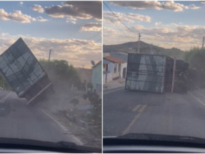Motorista vê caminhão sem freio e flagra veículo tombando em ladeira no Ceará